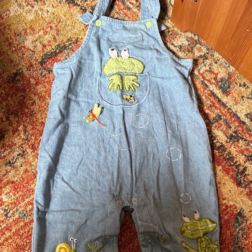 Vintage Kids Denim Overalls with Frog Embroidery